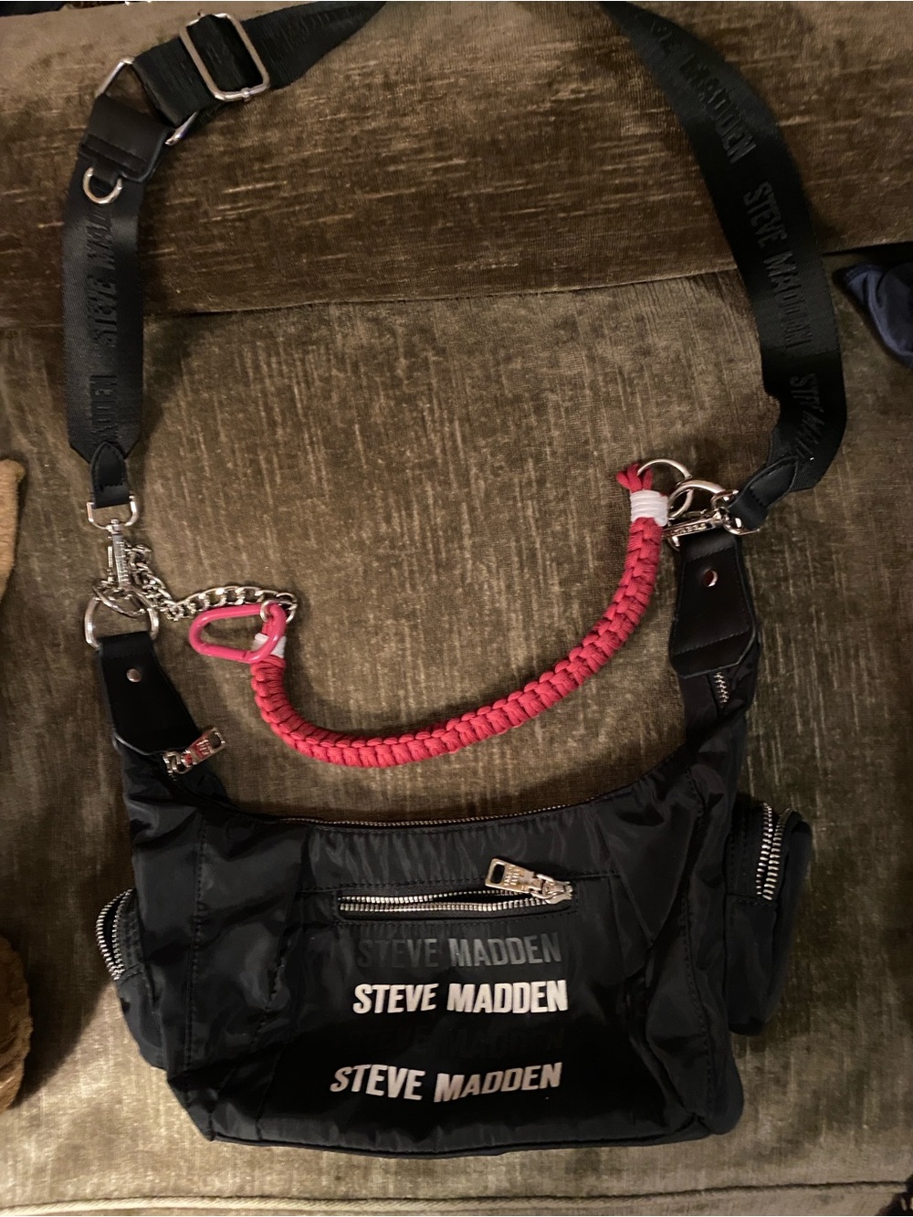 Steve Madden Black Nylon Belt Bag with Pink Braided Accent